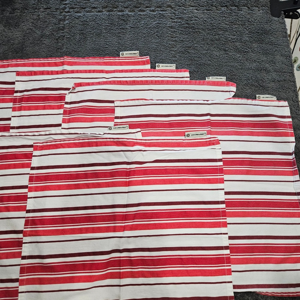 Le Creuset Placemats Set of 4 Red White Multi Stripe Cotton French Bistro Decor
